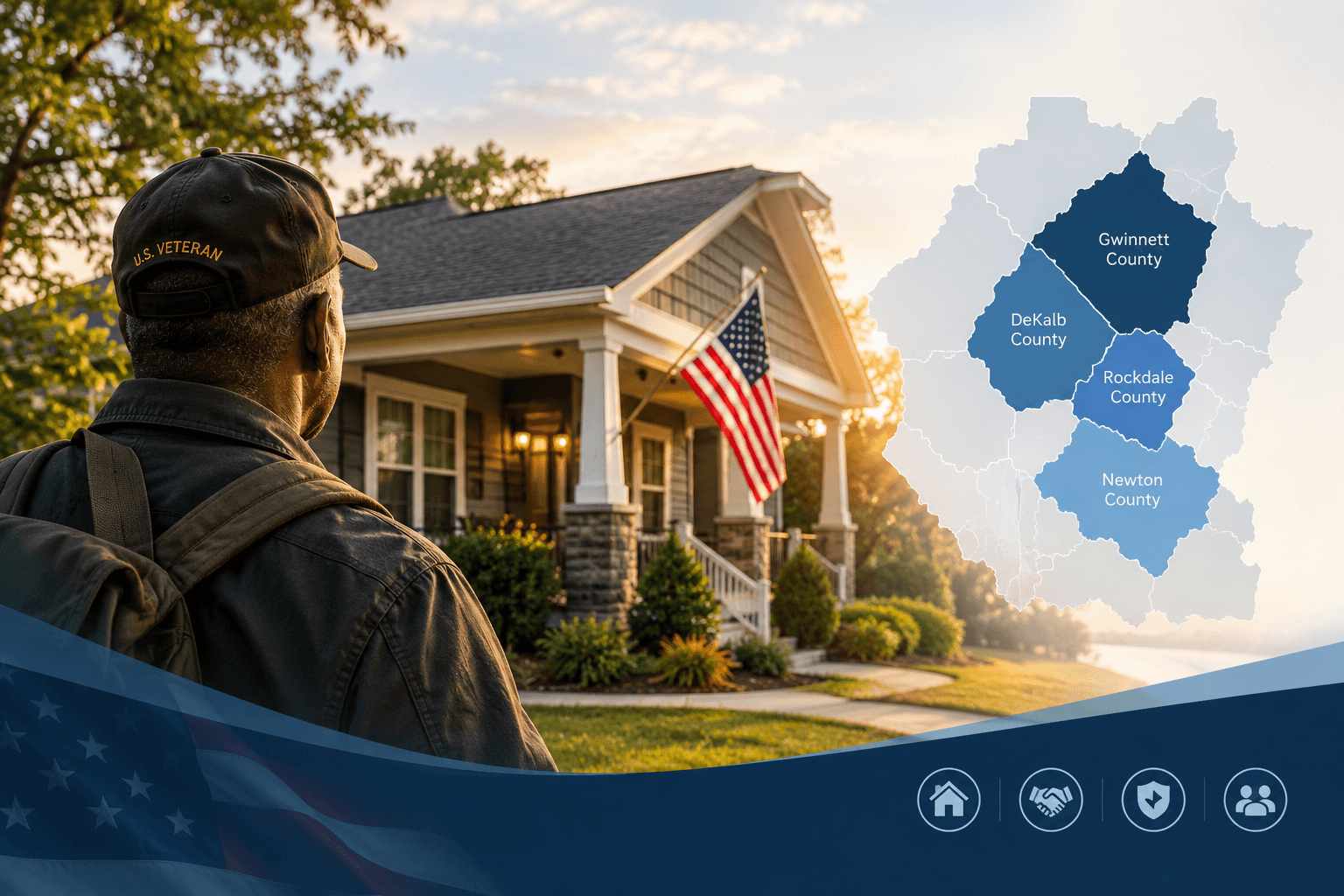 U.S. Veteran looking toward home with map showing Gwinnett, DeKalb, Rockdale, and Newton counties in Georgia